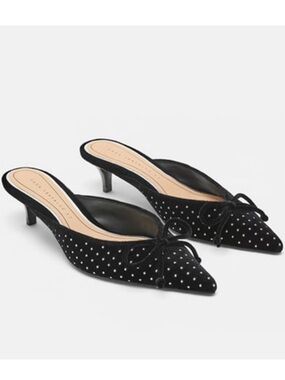 Zara Black Pointed-Toe Studded Mule Heels with Bows Women's Size 9